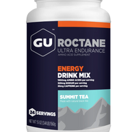 Roctane Energy Drink Mix Summit Tea by GU Energy in blue and orange, high carb hydration with amino acids for endurance and running.