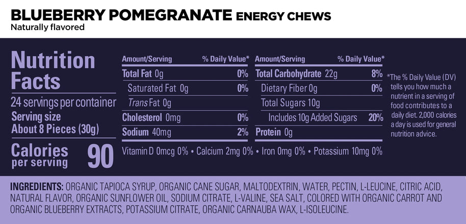 Energy Chews Blueberry Pomegranate by GU Energy in purple packaging, nutritious electrolyte and amino acid supplement for sustained energy