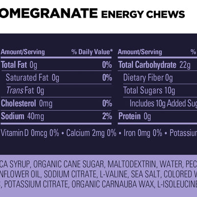 Energy Chews Blueberry Pomegranate by GU Energy in purple packaging, nutritious electrolyte and amino acid supplement for sustained energy