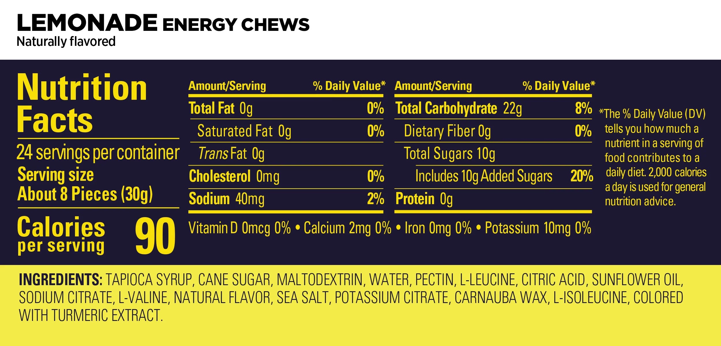 Energy Chews Lemonade by GU Energy in yellow with nutrition facts and ingredients for electrolyte and amino acid energy support