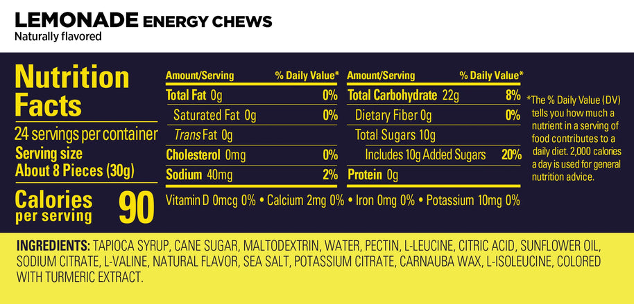 Energy Chews Lemonade by GU Energy in yellow with nutrition facts and ingredients for electrolyte and amino acid energy support