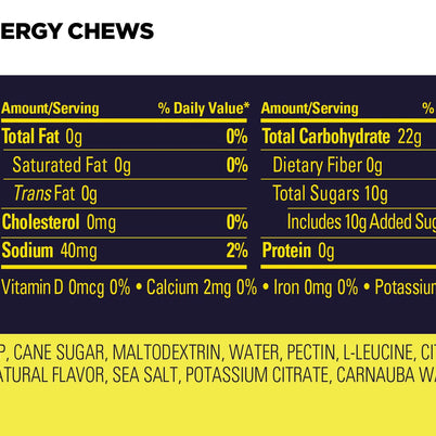 Energy Chews Lemonade by GU Energy in yellow with nutrition facts and ingredients for electrolyte and amino acid energy support