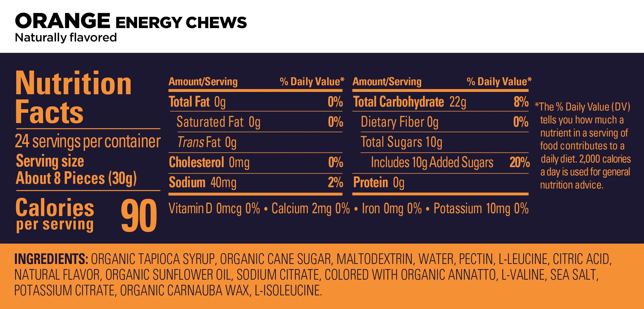 Energy Chews Orange by GU Energy in orange packaging, natural flavor with electrolytes and amino acids for sustained energy during running and outdoor activities
