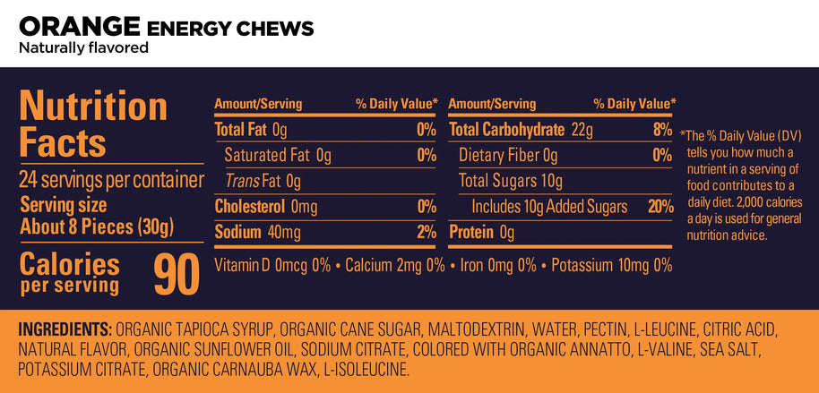 Energy Chews Orange by GU Energy in orange packaging, natural flavor with electrolytes and amino acids for sustained energy during running and outdoor activities