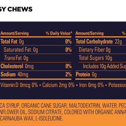 Energy Chews Orange by GU Energy in orange packaging, natural flavor with electrolytes and amino acids for sustained energy during running and outdoor activities