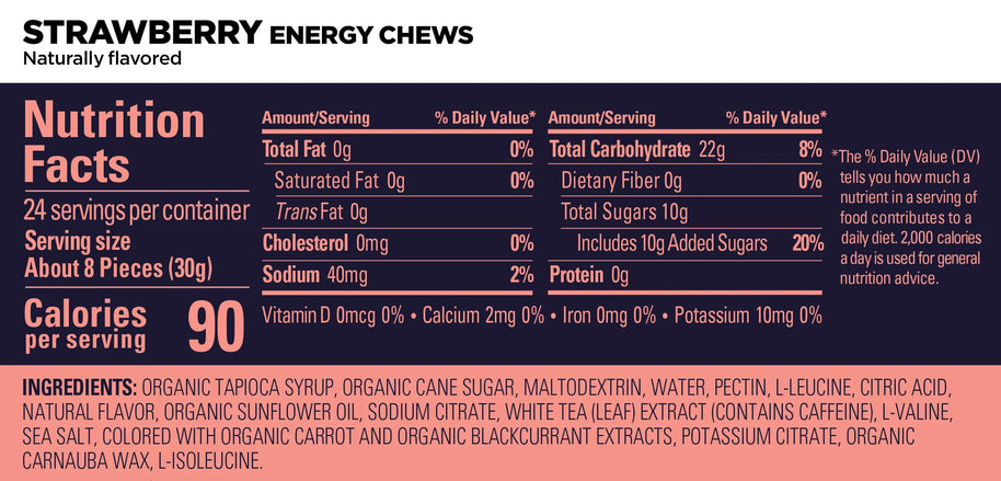 Energy Chews by GU Energy in strawberry flavor, providing electrolytes and amino acids for sustained energy during running and outdoor activities