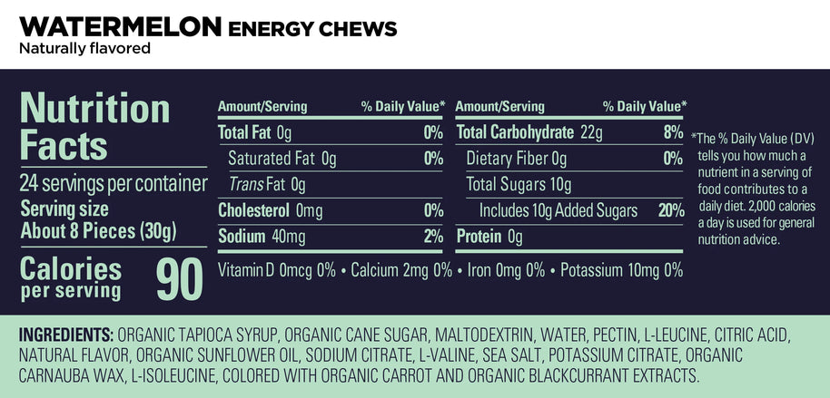 Energy Chews Watermelon by GU Energy in green and red packaging, natural flavored with electrolytes and amino acids for sustained energy during running and outdoor activity
