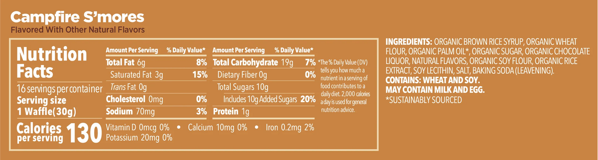 Nutrition facts and ingredients panel for GU Energy Stroopwafel Campfire S'mores on a tan label