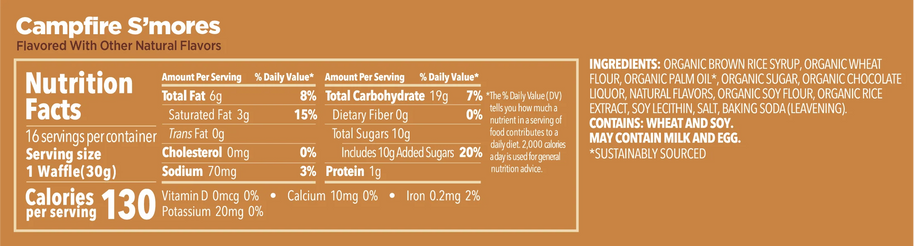 Nutrition facts and ingredients panel for GU Energy Stroopwafel Campfire S'mores on a tan label