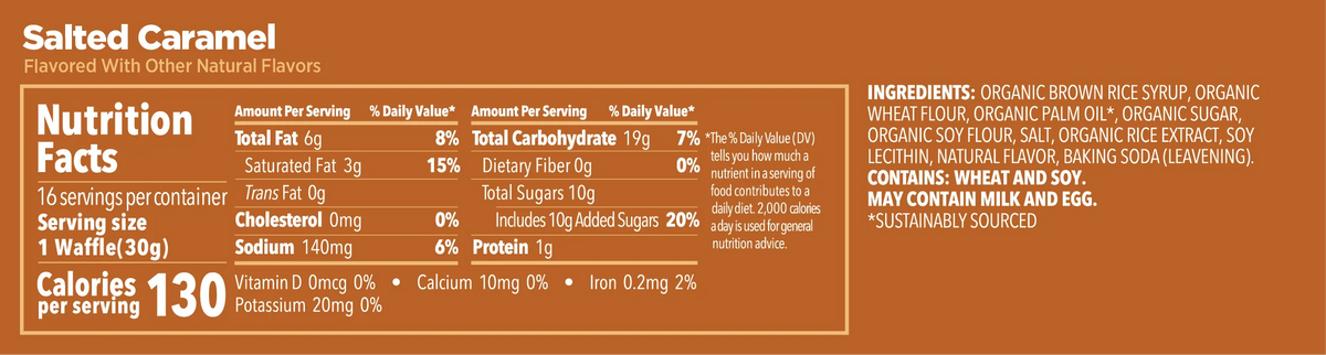 Nutrition facts and ingredients panel for GU Energy Stroopwafel Salted Caramel on a caramel label