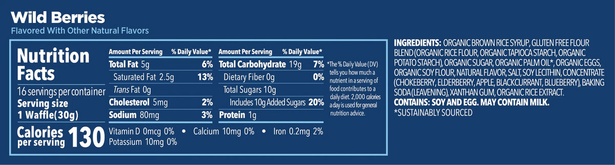Nutrition facts and ingredients panel for GU Energy Stroopwafel Wild Berries on a navy label