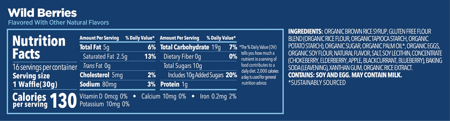 Nutrition facts and ingredients panel for GU Energy Stroopwafel Wild Berries on a navy label