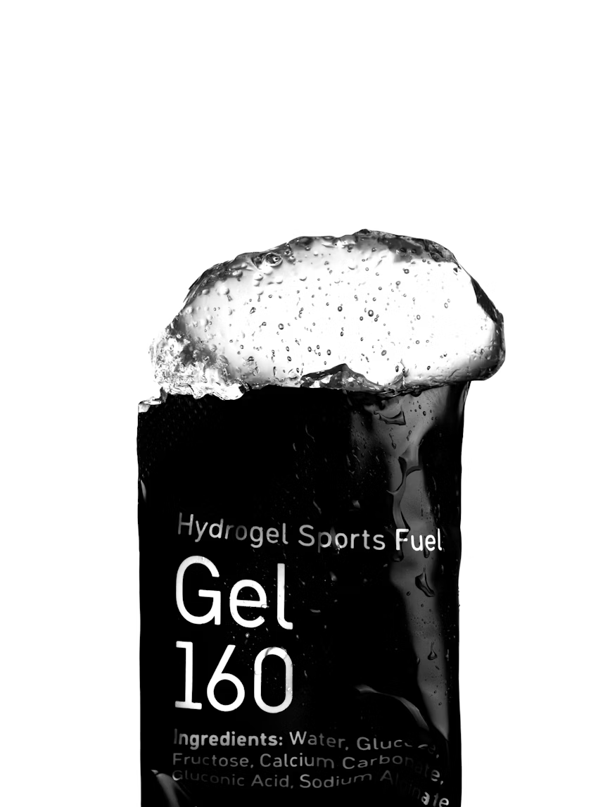 Gel 160 by Maurten in black packaging, hydrogel sports fuel with no colors or preservatives, nutrition for running and endurance