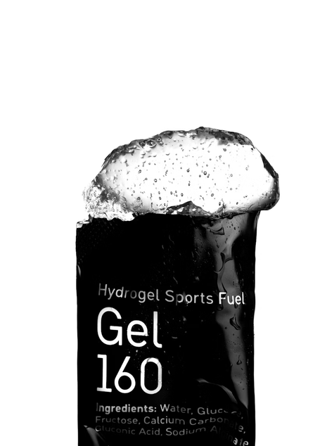 Gel 160 by Maurten in black packaging, hydrogel sports fuel with no colors or preservatives, nutrition for running and endurance