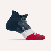 Elite Light Cushion No Show Tab by Feetures in navy, white, and red with anatomical design and targeted compression for running and outdoor movement