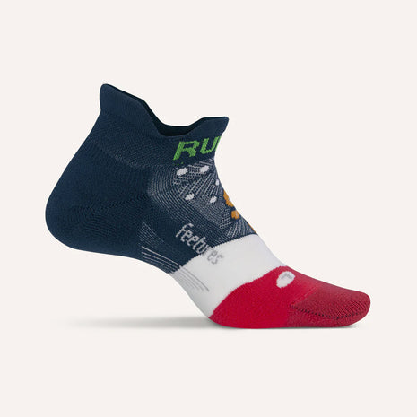 Elite Light Cushion No Show Tab by Feetures in navy, white, and red with anatomical design and targeted compression for running and outdoor movement