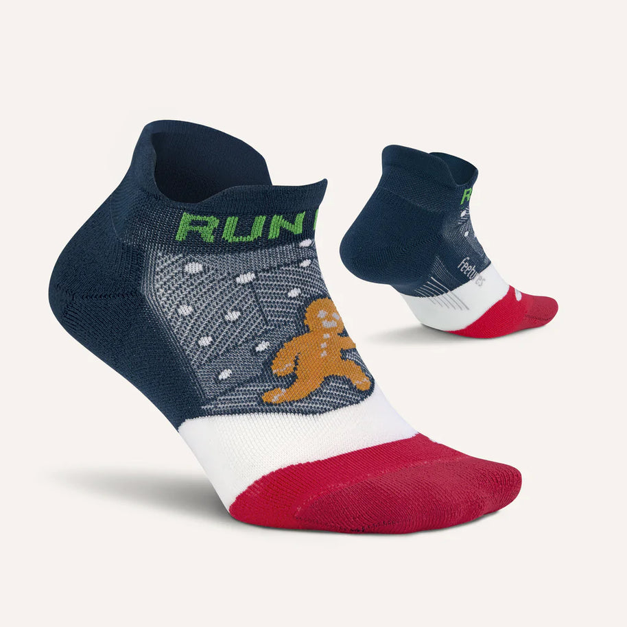 Elite Light Cushion No Show Tab by Feetures in navy, red, and white with anatomical design and targeted compression for running comfort