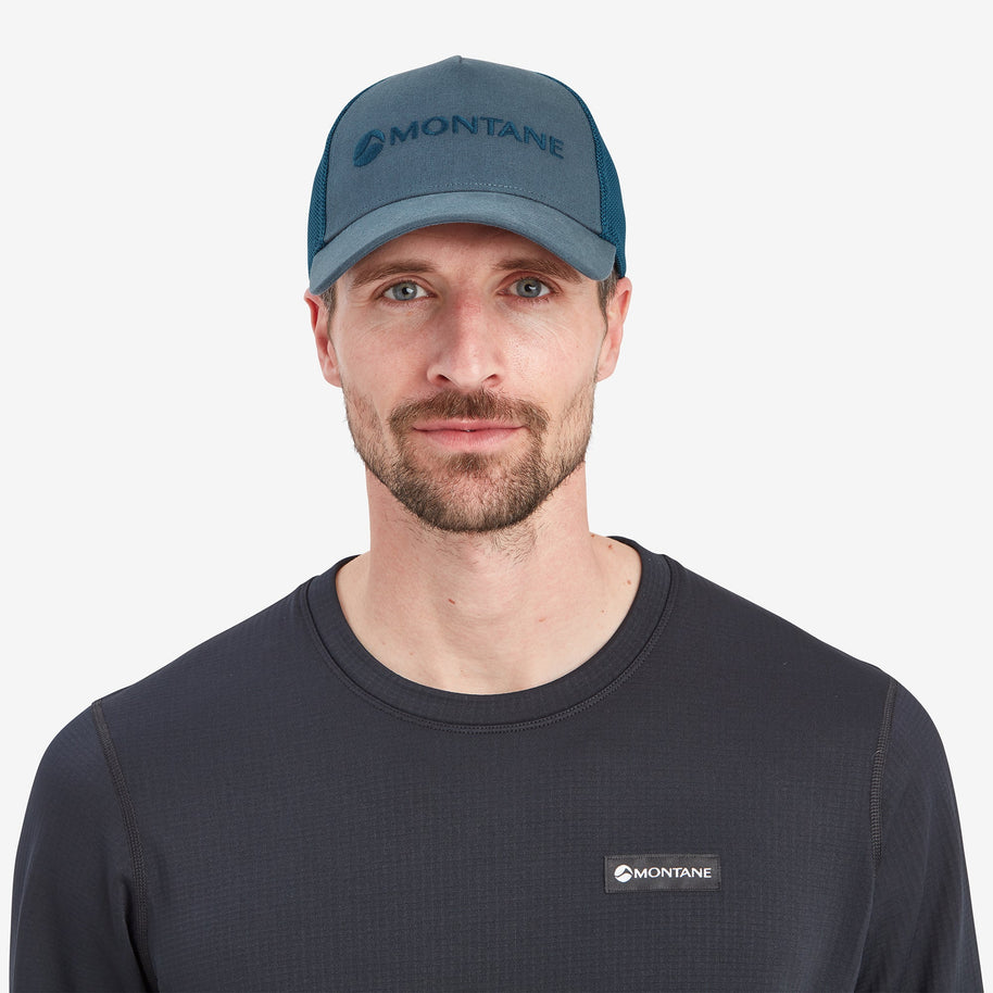 Basecamp Cap Unisex by Montane in blue with cotton canvas front, mesh back, COOLMAX headband, rear hook and loop for outdoor use