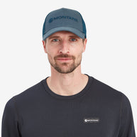 Basecamp Cap Unisex by Montane in blue with cotton canvas front, mesh back, COOLMAX headband, rear hook and loop for outdoor use