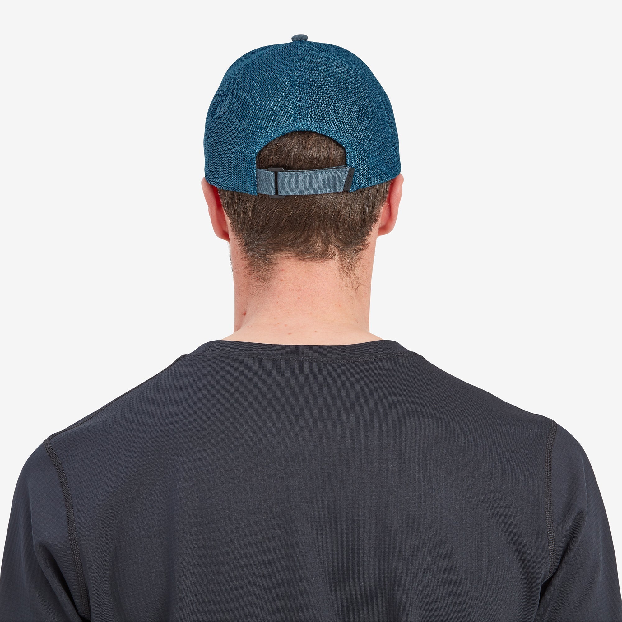 Basecamp Cap Unisex by Montane in blue with cotton canvas front, mesh back panels, rear hook and loop adjustment, COOLMAX headband for outdoor use