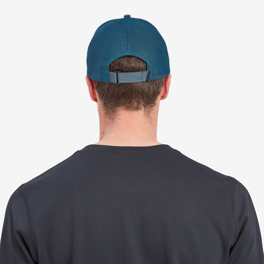 Basecamp Cap Unisex by Montane in blue with cotton canvas front, mesh back panels, rear hook and loop adjustment, COOLMAX headband for outdoor use