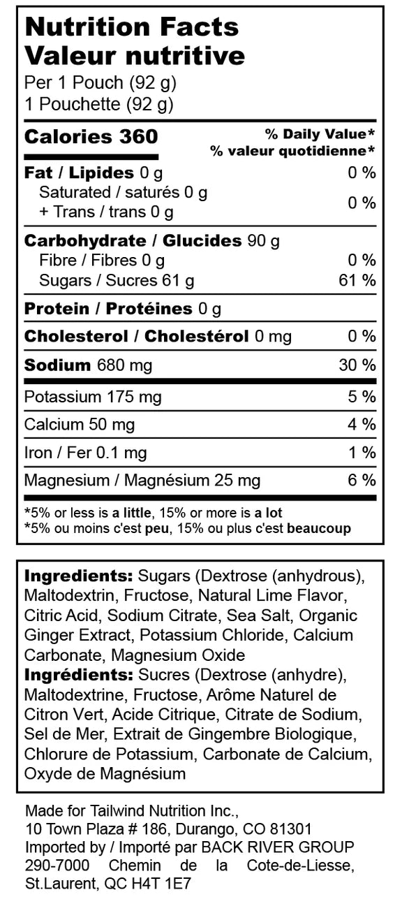 High Carb Fuel nutrition label showing 360 calories, 90g carbs, sodium and minerals, by Tailwind for high-intensity energy boost drink mix
