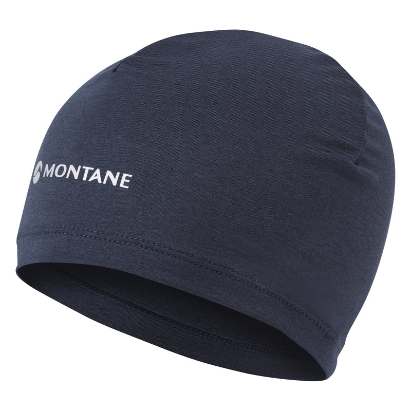 Dart XT Beanie by Montane in navy blue, lightweight breathable headwear with Apex thermo Eco fabric for moisture management and cold weather.