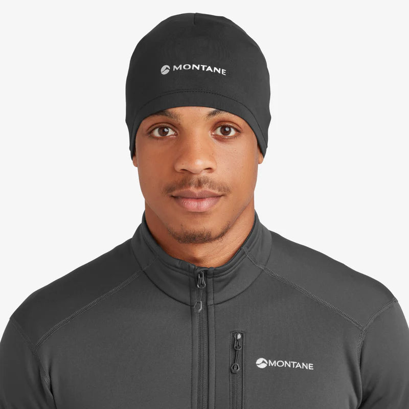 Dart XT Beanie by Montane in black, lightweight unisex headwear with breathable Apex thermo Eco fabric for cold weather and moisture management.