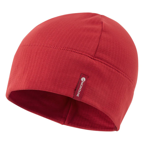 Dart XT Beanie by Montane in red, lightweight breathable cold weather hat with moisture management for outdoor running and activities