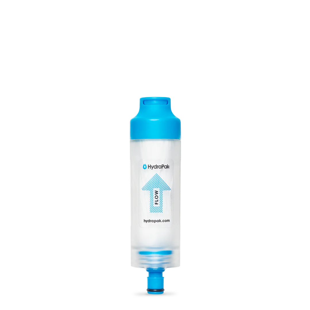 28 MM PNP Inline Filter by Hydrapak in blue and clear, portable inline filter for 28MM bottles and reservoirs, potable water access