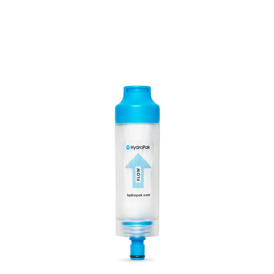 28 MM PNP Inline Filter by Hydrapak in blue and clear, portable inline filter for 28MM bottles and reservoirs, potable water access