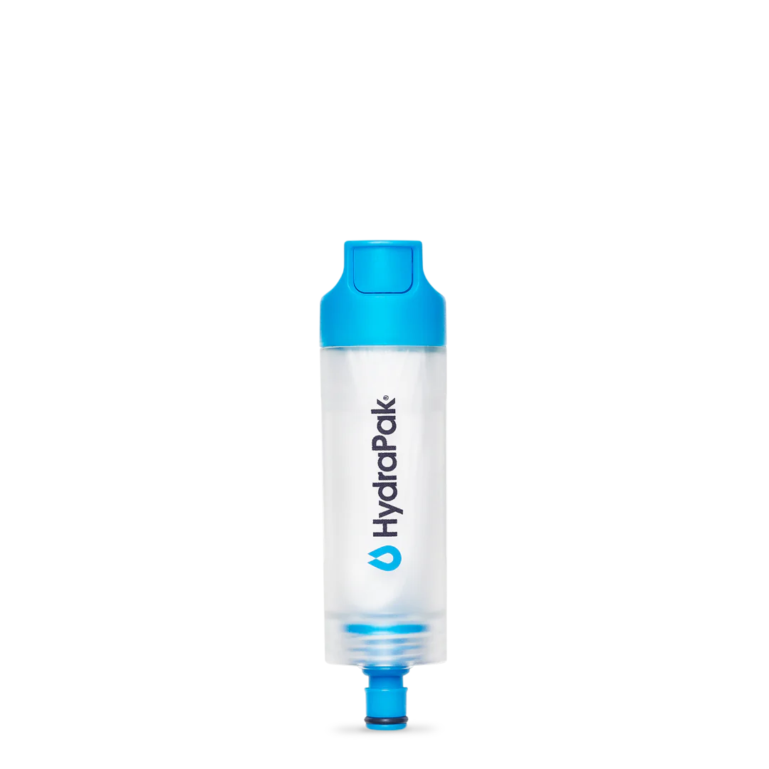 28 MM PNP Inline Filter by Hydrapak in clear with blue cap, portable inline filter for 28MM bottles, ideal for hydration on the go