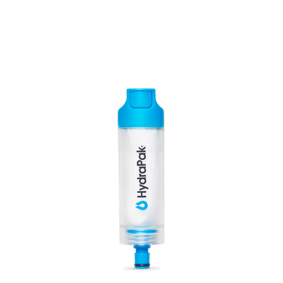 28 MM PNP Inline Filter by Hydrapak in clear with blue cap, portable inline filter for 28MM bottles, ideal for hydration on the go