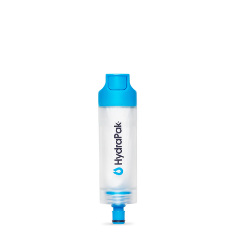 28 MM PNP Inline Filter by Hydrapak in clear with blue cap, portable inline filter for 28MM bottles, ideal for hydration on the go