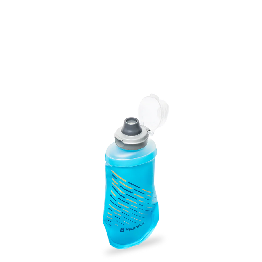 SoftFlask 150ml by Hydrapak in blue, lightweight collapsible gel flask for instant nutrition on running and outdoor expeditions
