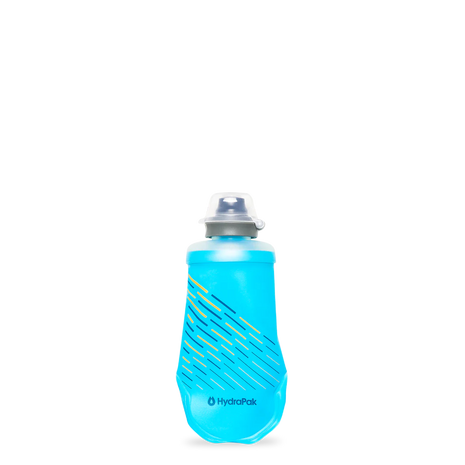 SoftFlask 150ml by HydraPak in blue, lightweight collapsible gel flask for quick hydration and nutrition on tough expeditions