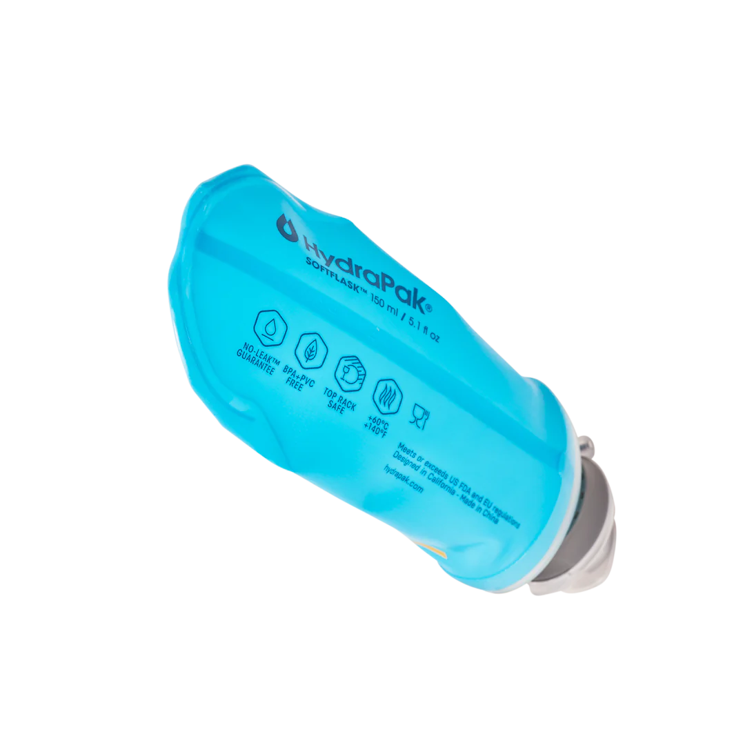 SoftFlask 150ml by Hydrapak in blue, lightweight collapsible gel flask for quick nutrition on running and outdoor expeditions