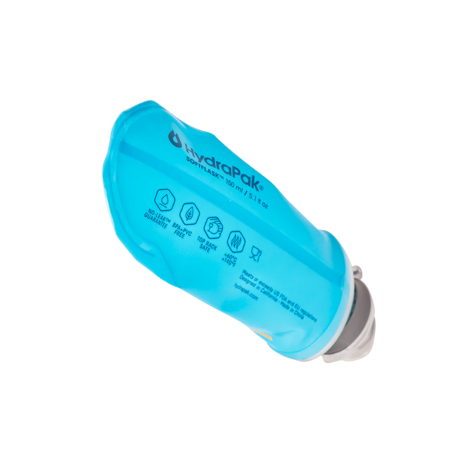 SoftFlask 150ml by Hydrapak in blue, lightweight collapsible gel flask for quick nutrition on running and outdoor expeditions