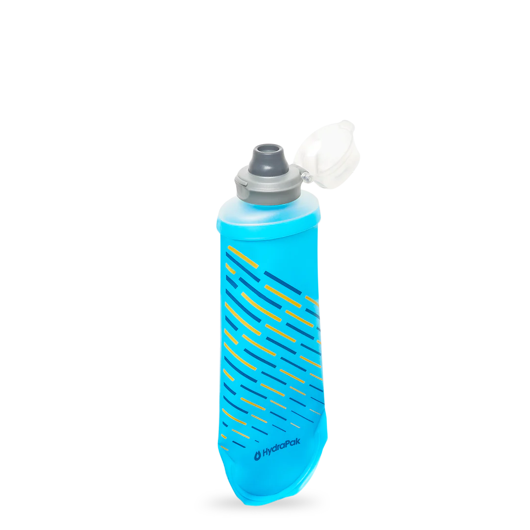 SoftFlask 250ml by Hydrapak in blue with soft silicone bite valve, collapsible lightweight hydration flask for trail running and outdoor use