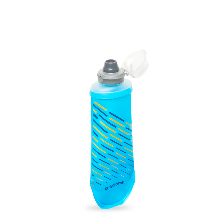 SoftFlask 250ml by Hydrapak in blue with soft silicone bite valve, collapsible lightweight hydration flask for trail running and outdoor use