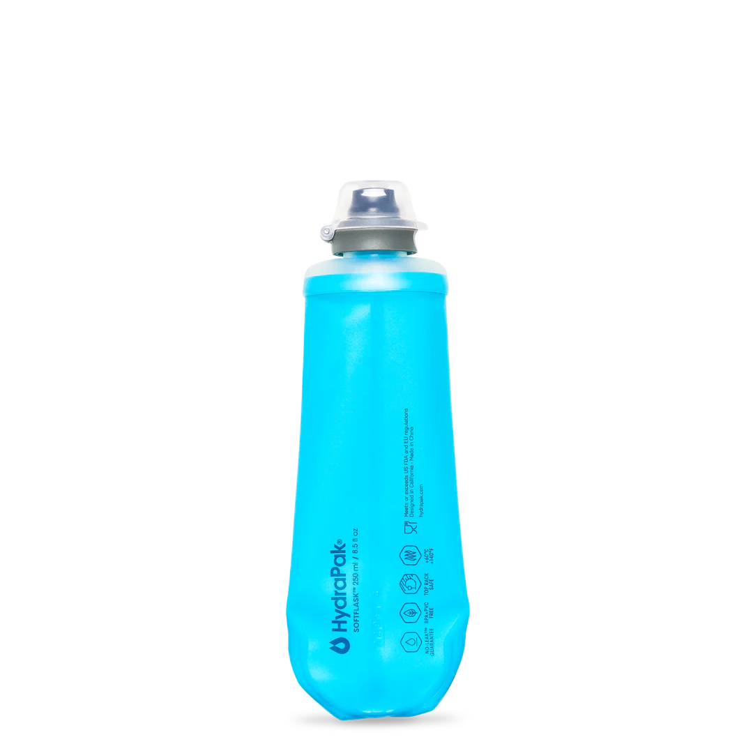 SoftFlask 250ml by Hydrapak in blue, collapsible lightweight hydration flask with soft silicone valve for easy drinking on trails and outdoor use