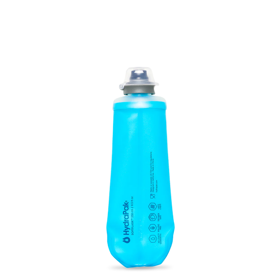 SoftFlask 250ml by Hydrapak in blue, collapsible lightweight hydration flask with soft silicone valve for easy drinking on trails and outdoor use