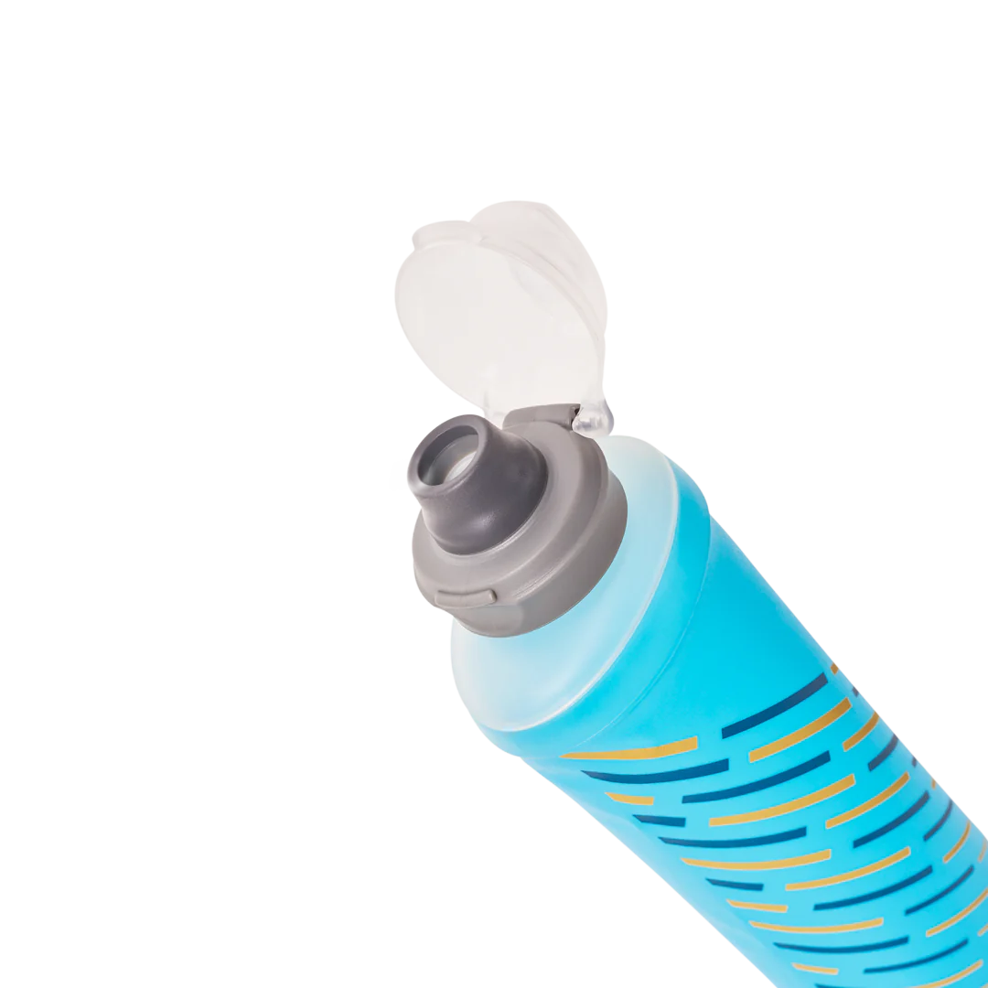 SoftFlask 250ml by Hydrapak in blue with collapsible design and soft silicone bite valve for lightweight hydration accessories outdoors