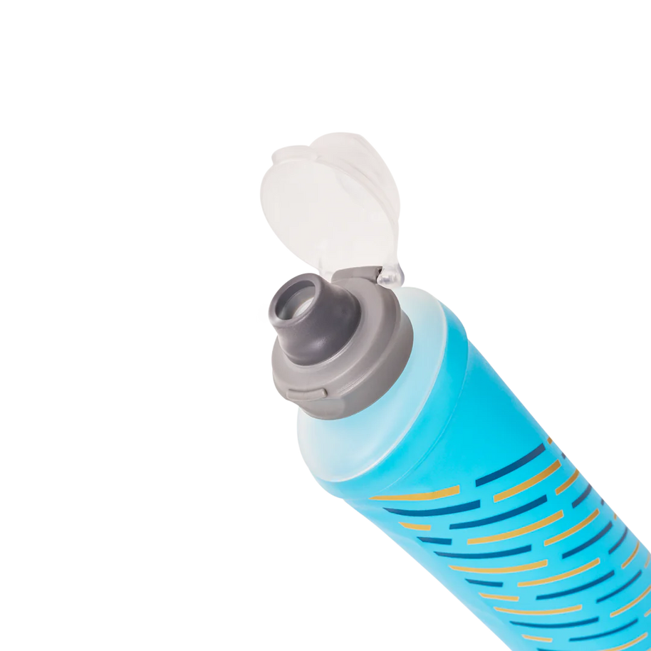 SoftFlask 250ml by Hydrapak in blue with collapsible design and soft silicone bite valve for lightweight hydration accessories outdoors
