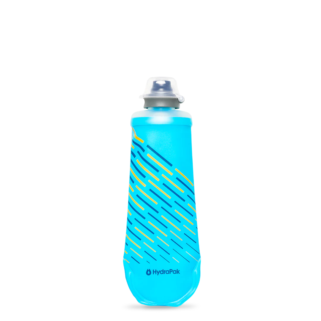 SoftFlask 250ml by Hydrapak in blue with collapsible design and soft silicone bite valve for lightweight hydration on trails and outdoor use