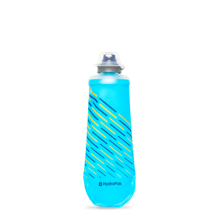 SoftFlask 250ml by Hydrapak in blue with collapsible design and soft silicone bite valve for lightweight hydration on trails and outdoor use