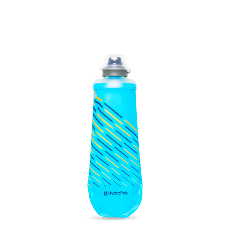 SoftFlask 250ml by Hydrapak in blue with collapsible design and soft silicone bite valve for lightweight hydration on trails and outdoor use