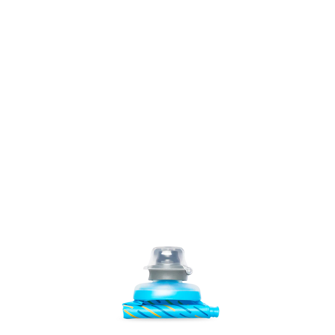 SoftFlask 250ml by Hydrapak in blue with soft silicone bite valve, lightweight collapsible hydration flask ideal for trail running and outdoor use