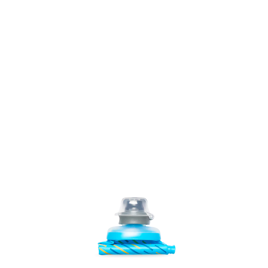 SoftFlask 250ml by Hydrapak in blue with soft silicone bite valve, lightweight collapsible hydration flask ideal for trail running and outdoor use