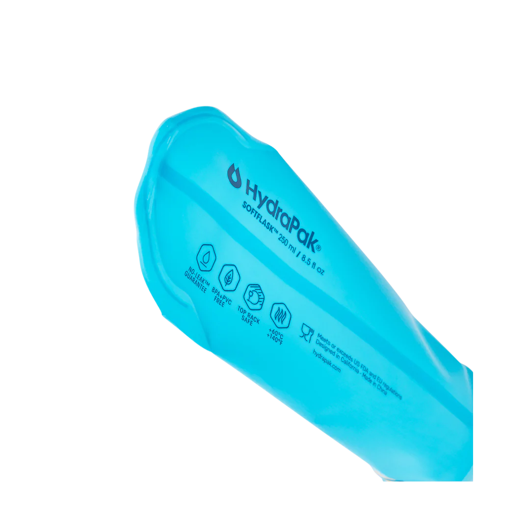 SoftFlask 250ml by Hydrapak in blue, collapsible lightweight hydration flask with soft silicone bite valve for easy trail nutrition and outdoor use